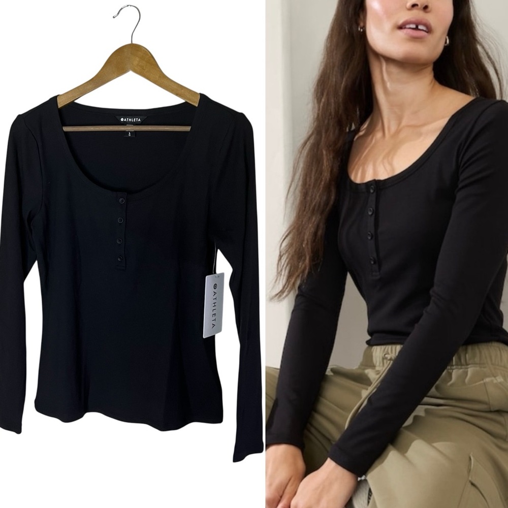 NWT Athleta Signature Henley Long Sleeve Workout Top Black Ribbed